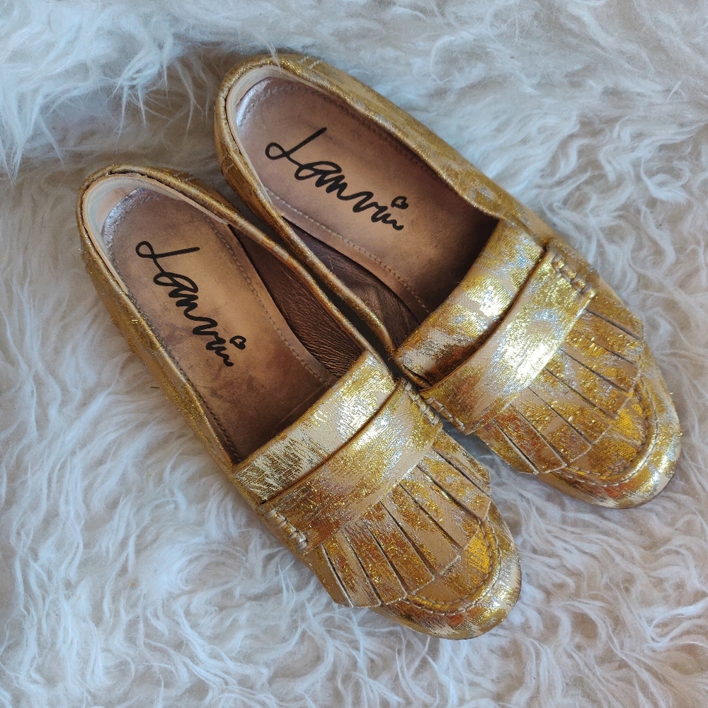 Lanvin Metallic Gold Brocade Loafers 38